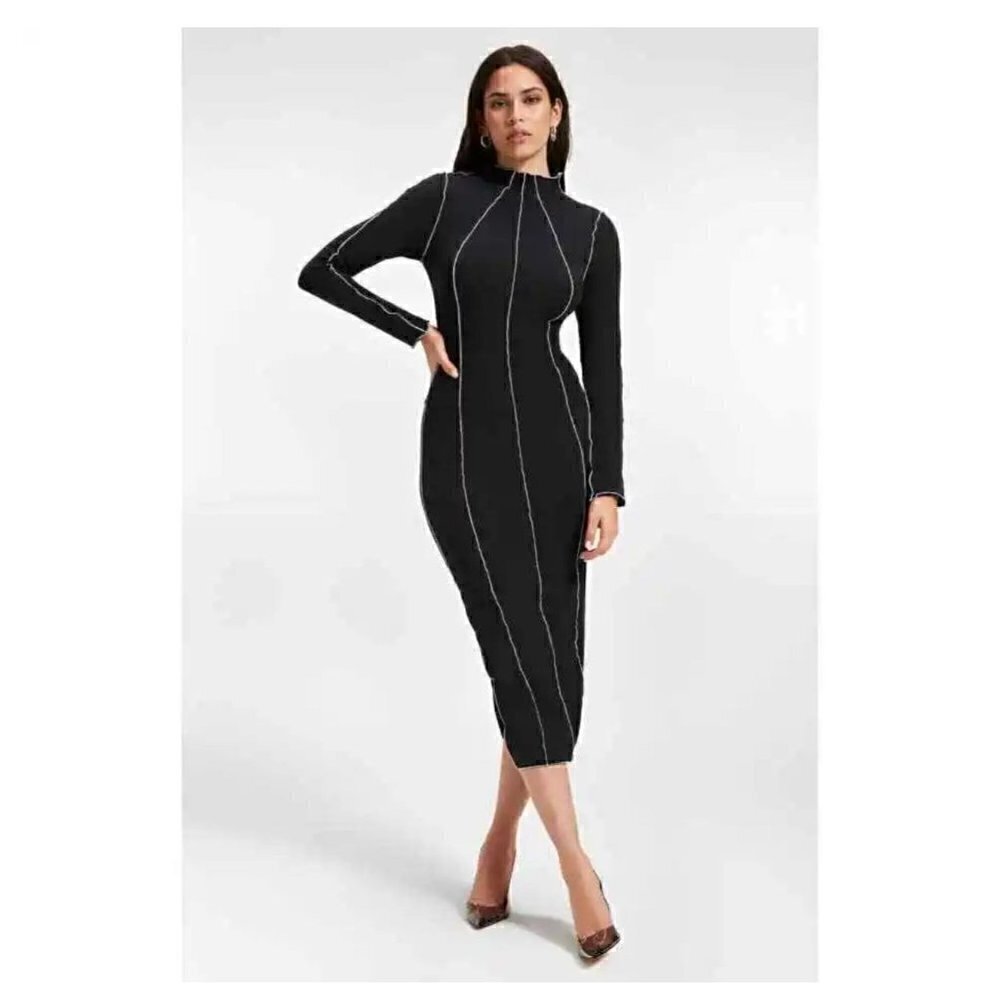 NWT Good American Knit Midi Dress in Black Size 8(5XL) Bodycon